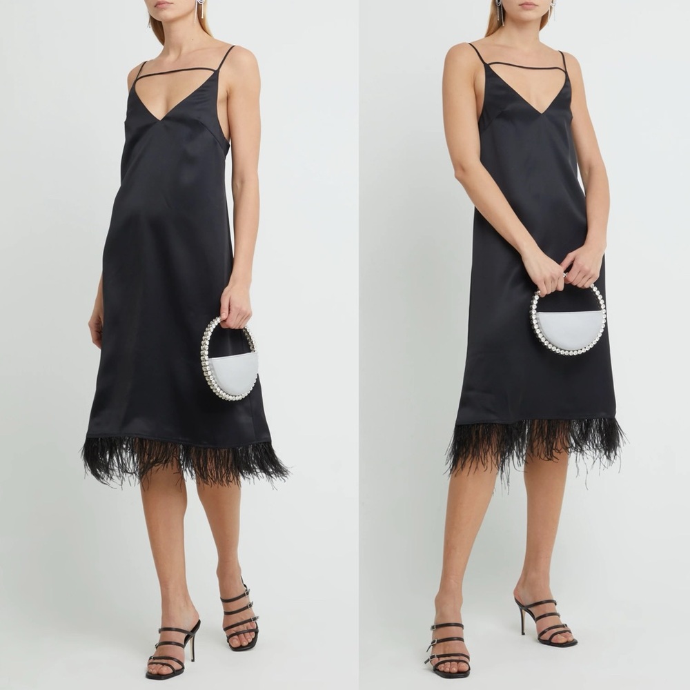 NWT NEW O.P.T. Kailah Black Feather Slip Satin Midi Dress | Large